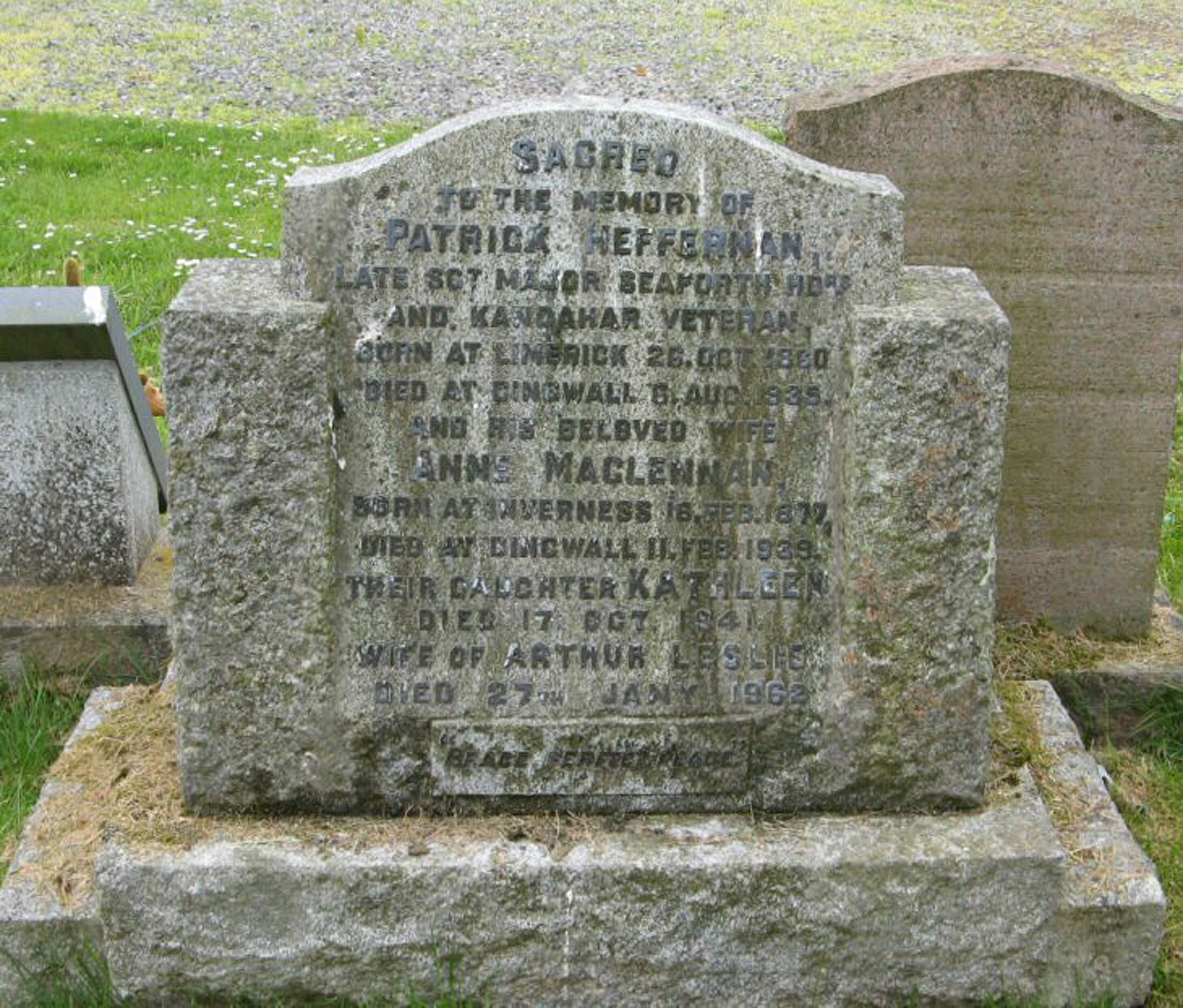 Photo of headstones/Anne MacLennan died 1939 MI Dingwall Mitchell Hill
